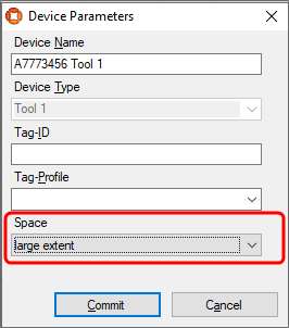 Device Parameters dialog with Space drop-down highlighted