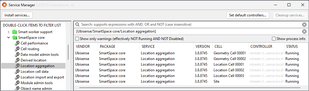 screen shot of Service Manager disaplying details of Location aggregation services for site, geometry and location cells