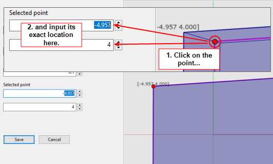 screenshot showing a selected point with the instruction "click on the point" with arrows to the input boxes and the instruction"and input its exact location here"