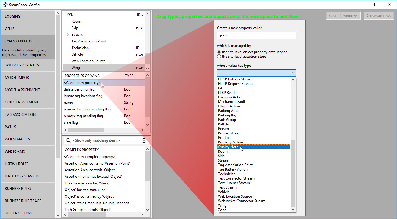 screen shot showing the Quality Note property being added to the Wing type