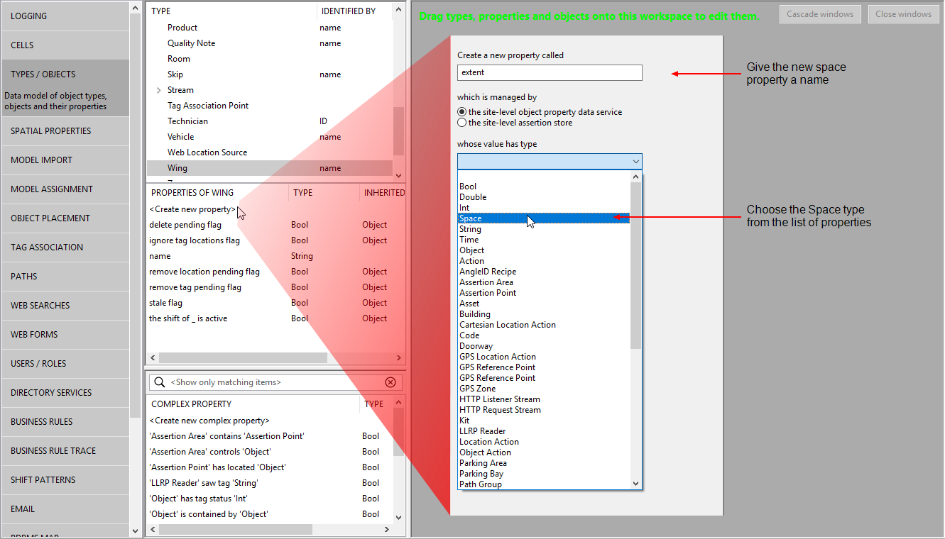 screen shot showing the <Create new property> option and a dialg where the proerty is given a name and the Space type is selected