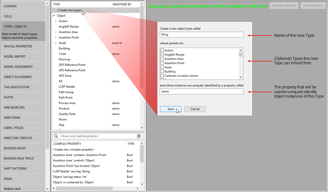 screen capture showing the <Create new type> option and a dialog where a new type is created