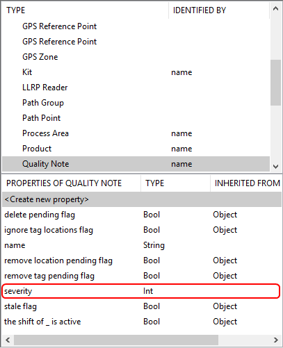 screenshot showing new integer property listed for the quality note type