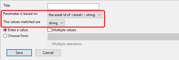 screen capture of filter parameters dialog: selecting the parameter the filter is based on and the values to be matched