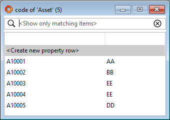 screen shot showing assets with their code properties