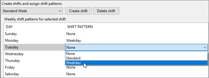 screenshot showing a shift being selected for a working day