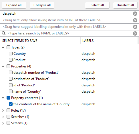 screen shot showing filtered list of items