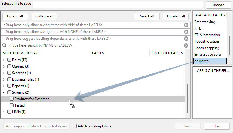 screen shot showing label being dragged to item in list