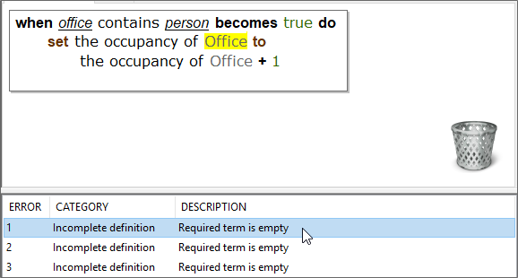 screen shot showing an error message selected and missing information highlighted in the definition
