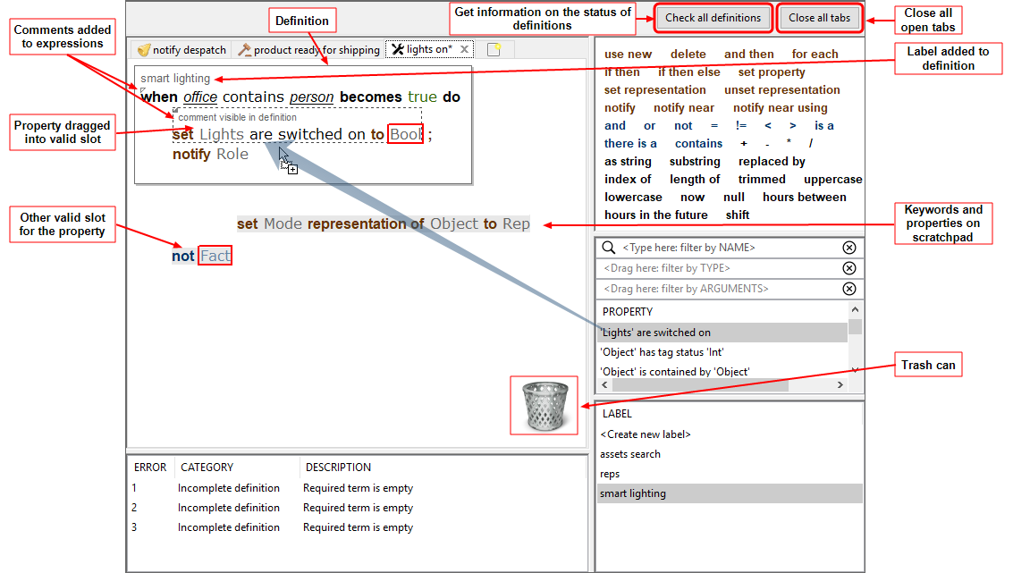 screenshot of the features of the definitions editor