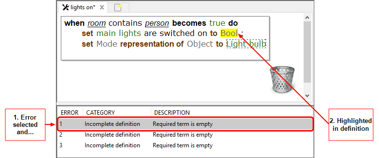 screenshot with an example of error highlighting