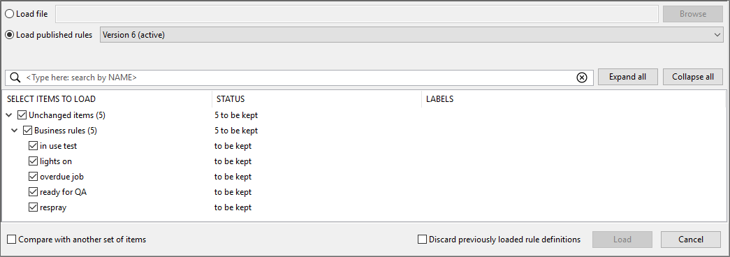 screen shot of load definitions dialog