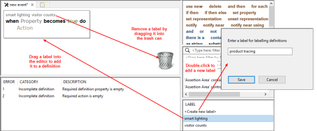 screen shot showing how to add and remove labels for the displayed definition and how to create a new label