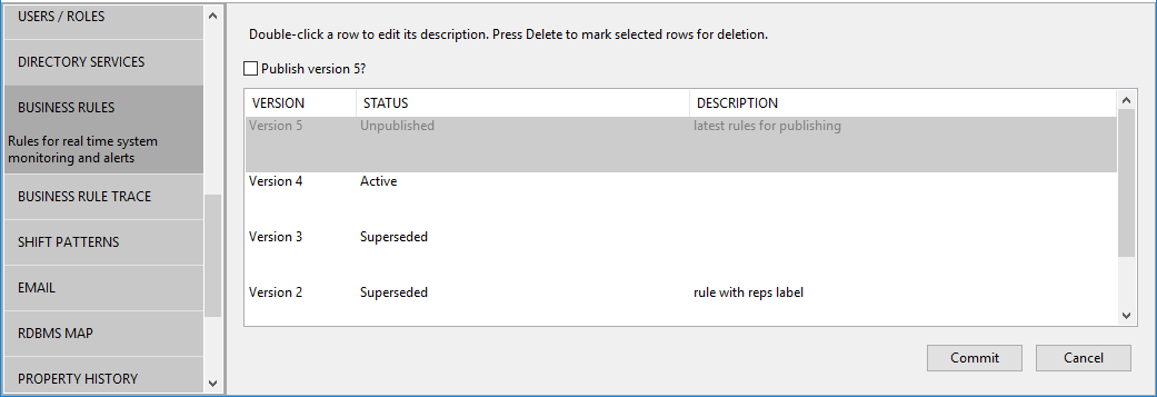 screen shot showing versions of definitions for publication or deletion