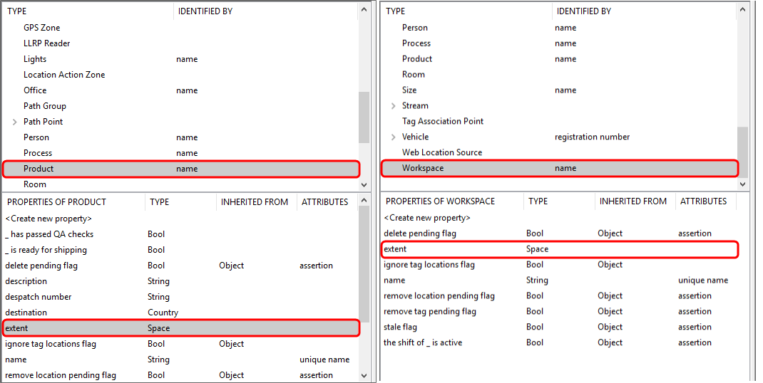 screen shot showing Product and Workspace types and their extent properties in TYPES / OBJECTS