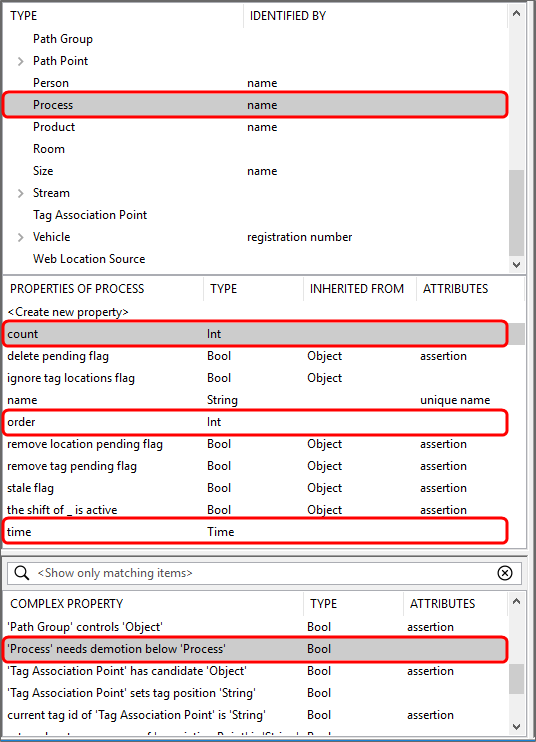 screen shot of TYPES / OBJECTS showing Process types with its custom properties highlighted