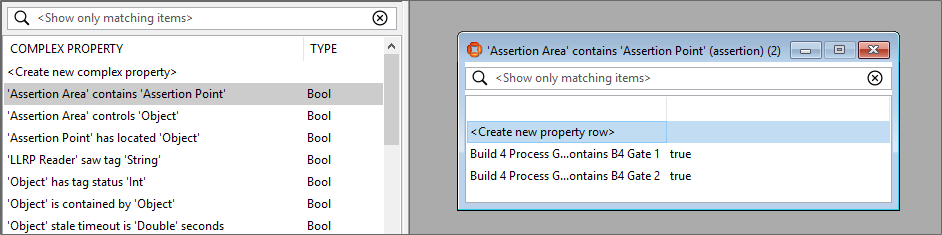 Screen shot showing property rows for Assertion Area contains Assertion Point