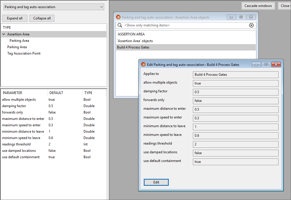 Screen shot of Service parameters task with default parameters for an assertion point