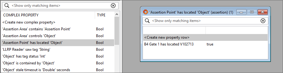 screen shot of property row showing an assertion point has located an object