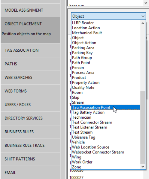 Screen shot showing selection of tag association point type from dropdown