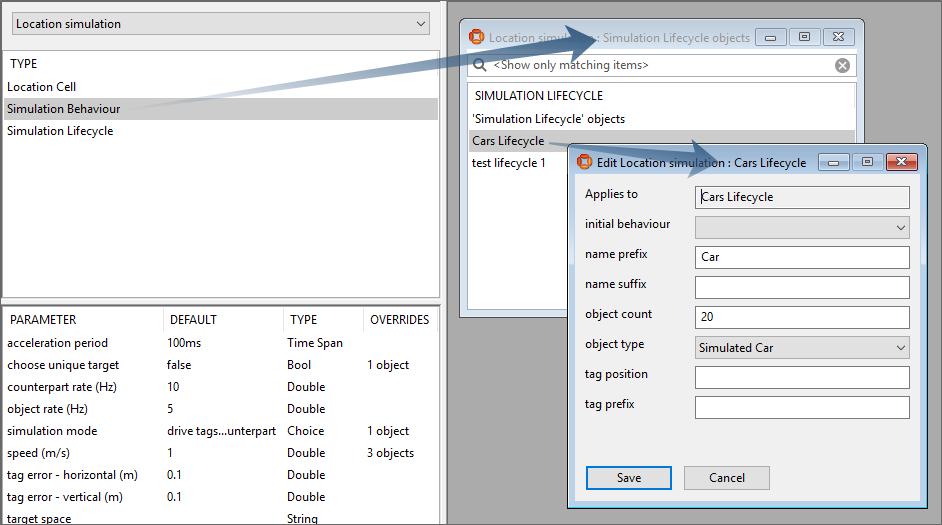 screen shot of SERVICE PARAMETERS for setting proerties of a simulation lifecycle