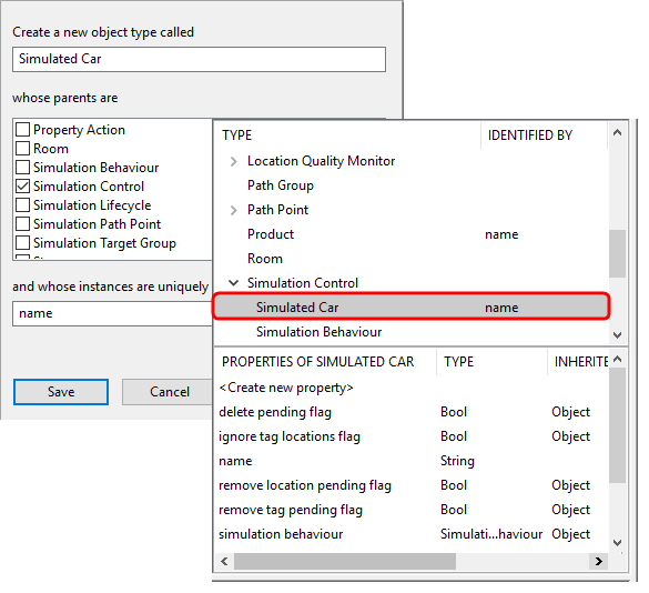 Simulated Car simulation type listed under Simulation Control parent in TYPES / OBJECTS