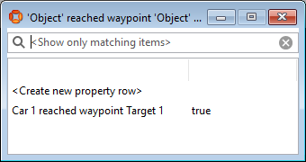Detail of TYPES / OBJECTS showing the assertion Car 1 reached waypoint target 1 : true
