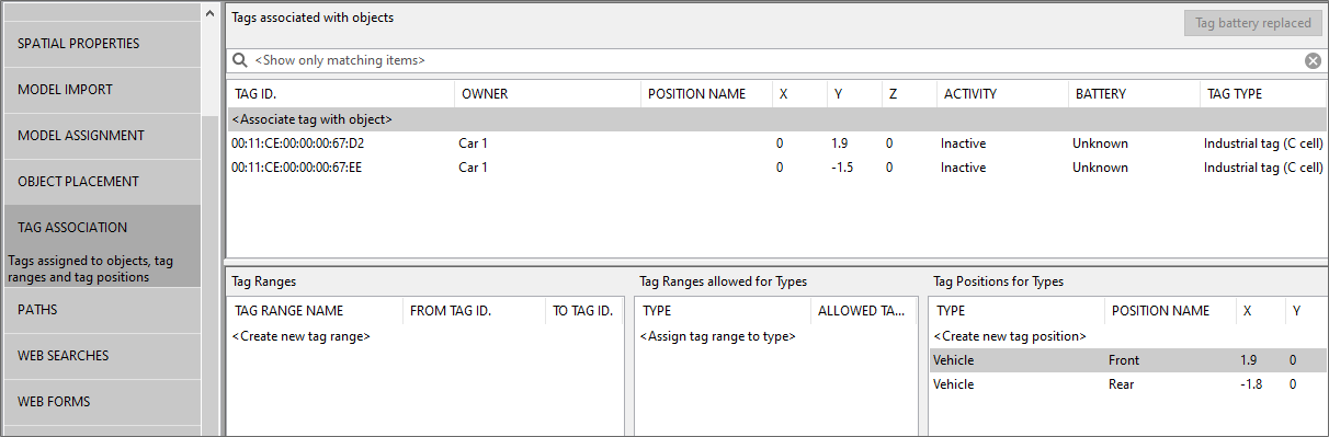 screenshot of TAG ASSOCIATION with two tags associated with two offsets on a vehicle