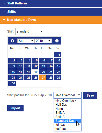 Screenshot of Non-standard Days panel in the Shifts screen of SmartSpace Web