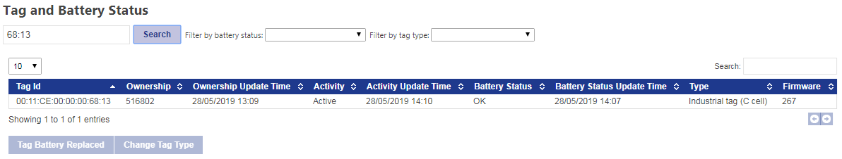 screenshot of Tag and Battery Status screen with text entered in the search box