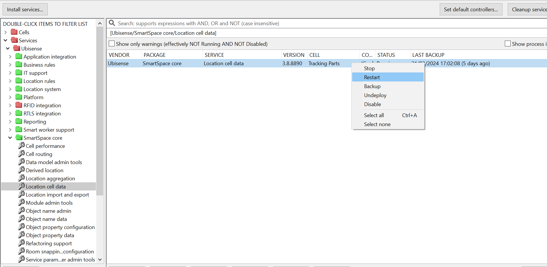 Restart location cell data in service manager