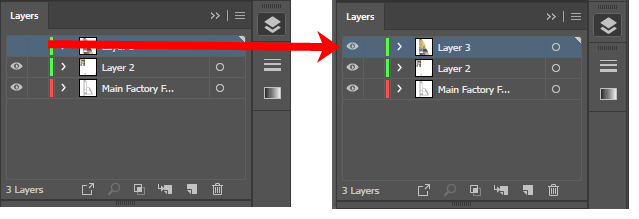 screen shot of Layers panel with the eye indicator for Layer 3 hidden and then visible