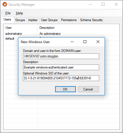 screen shot showing the New Windows User dialog for a Windows-authenticated user