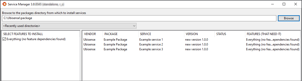 Service Manager showing example packages selected for installation