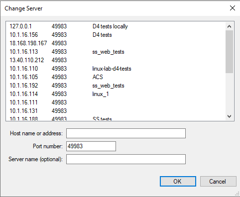 screenshot of Change Server dialog