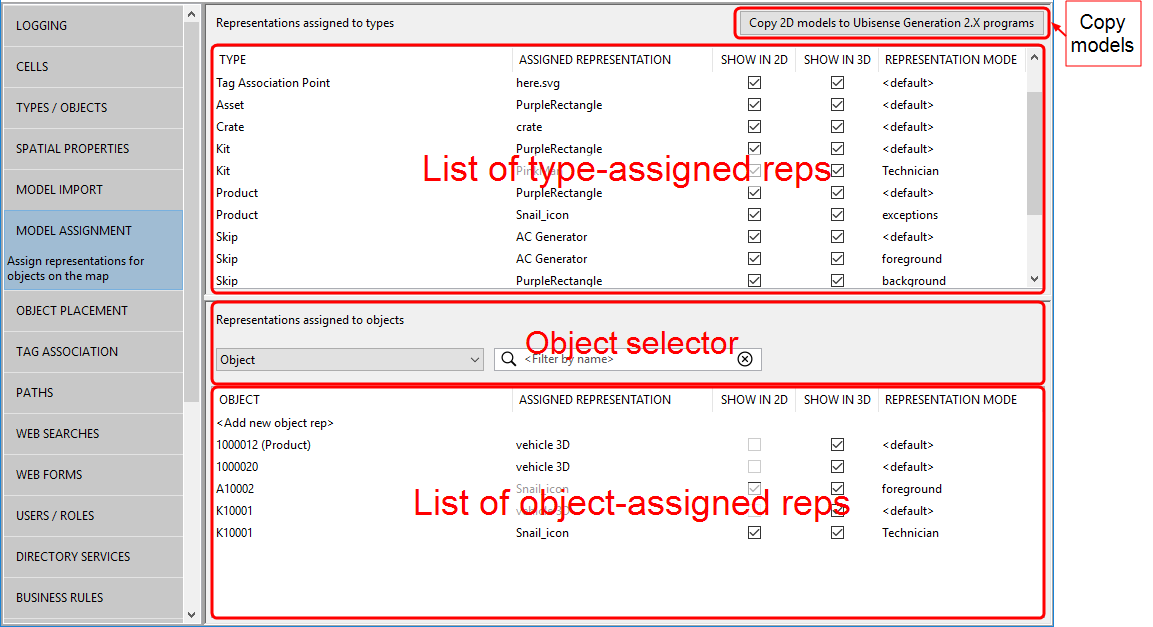 screen shot of the Model Assignment workspace with models assigned to types in the top part of the screen and to specific objects in the lower part of the screen
