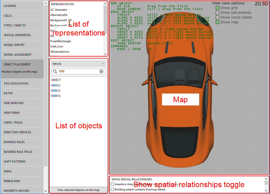 screen shot showing the Object Placement workspace with a list of representaions, a list of objects, and an object in the virual environment