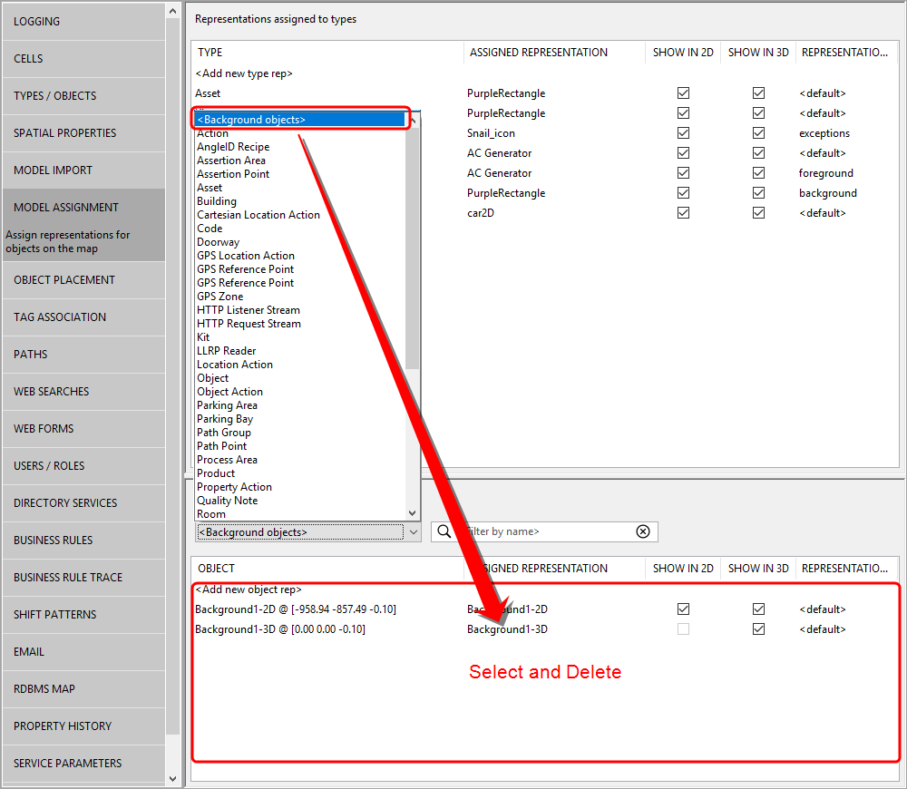 screen shot of Model Assignment workspace with <Background objects> selected from the dropdown and available background images displayed
