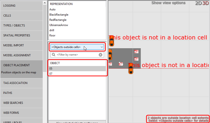 screenshot showing list of objects limited to those outside location cells