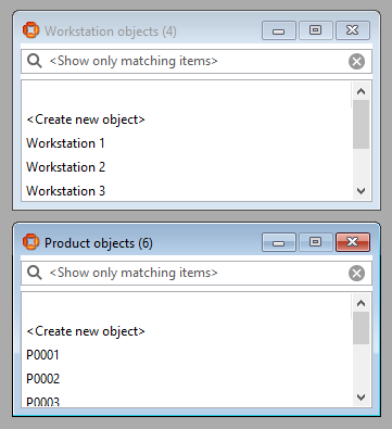 screen shot showing instances of workstations and products listed in the object browser