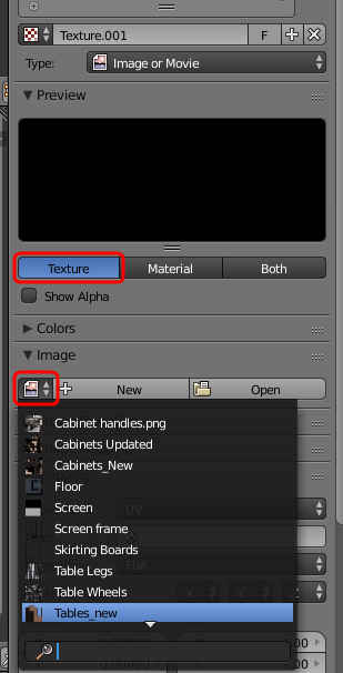 screenshot of Texture button plus list of opened files for selection