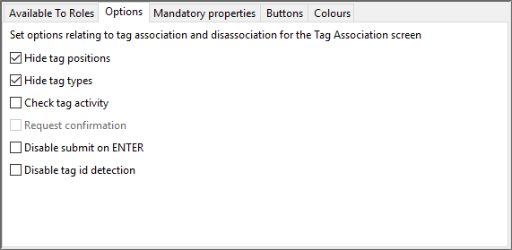 screen shot showing options relating to tag association for a screen (web form)